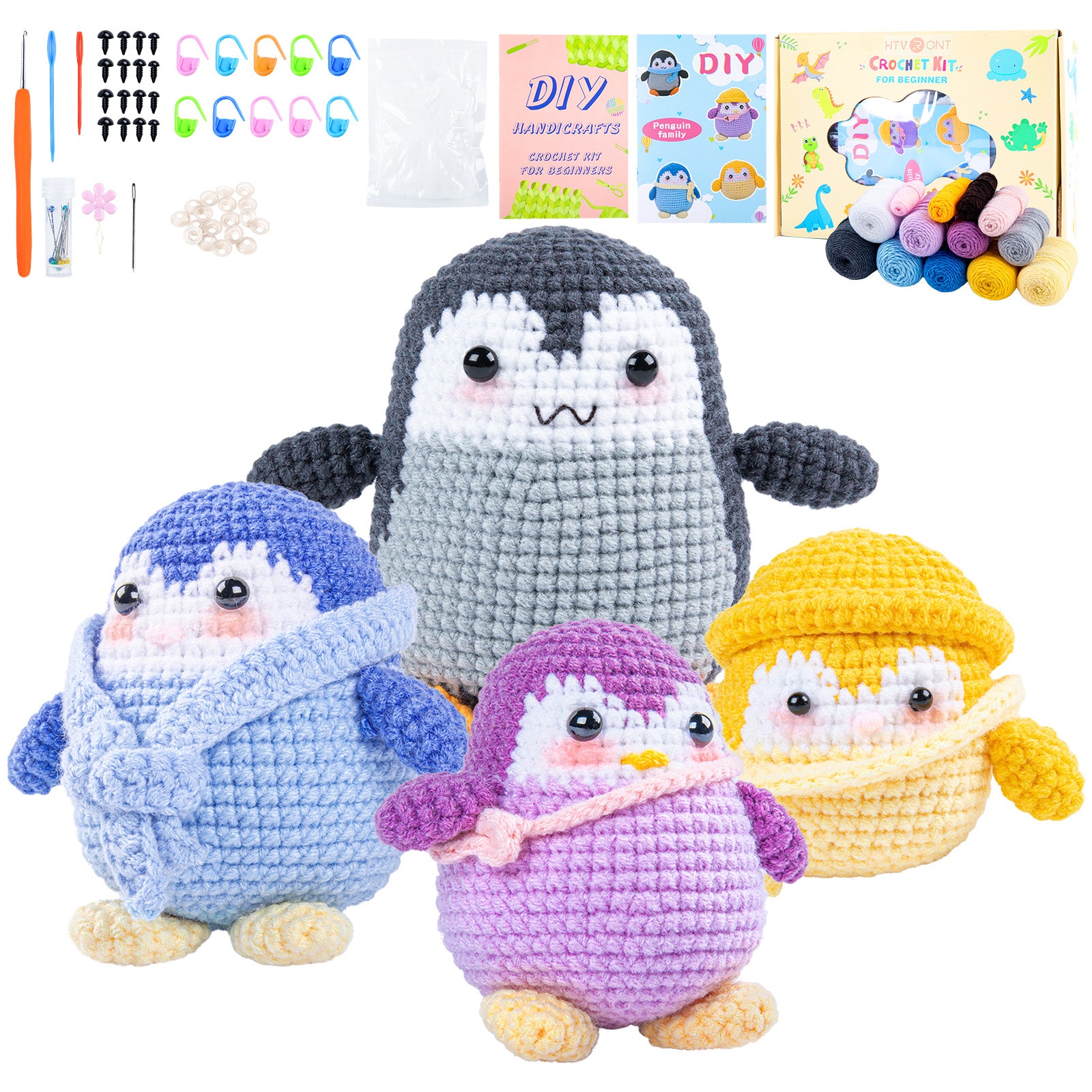 HTVRONT Crochet Kit for Beginners - Starter Crochet Kits with Video Tutorials, Beginner Crochet Kit for Adults Kids Gift - Learn to Crochet Stuffed Animals Knitting Kit Penguin Family(40%+ Yarn)