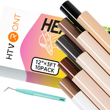 HTVRONT Skin Tone HTV Vinyl Bundle - 10 Pack 12" ×3FT Brown HTV Heat Transfer Vinyl Rolls, Skin Tone Iron on Vinyl for T-Shirts, Beige HTV Vinyl Bundle with 10 Assorted Colors