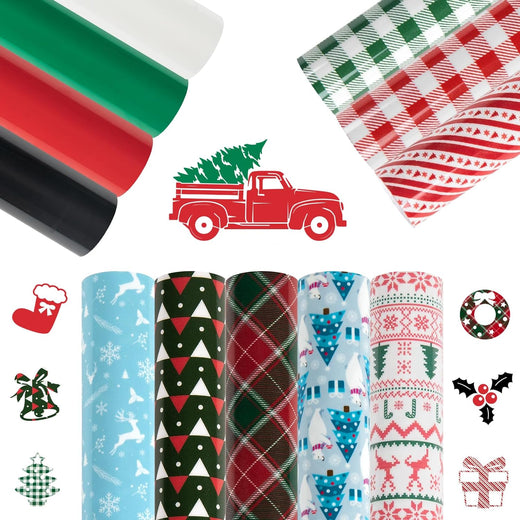 UK-Christmas Patterned Buffalo Plaid Heat Transfer Vinyl Bundle-13 Sheets