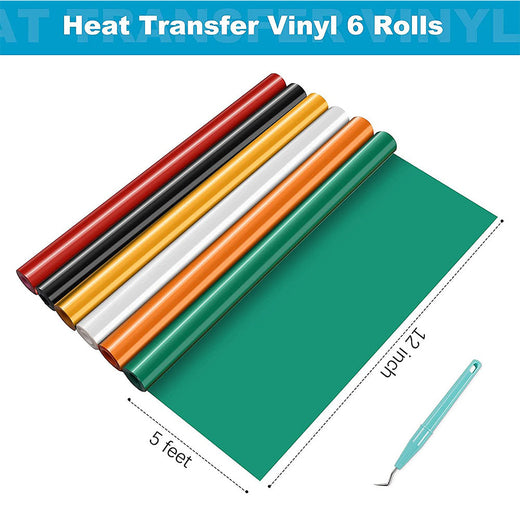 UK-Heat Transfer Vinyl Bundle - 12"x5 Ft (6 Assorted Colors）