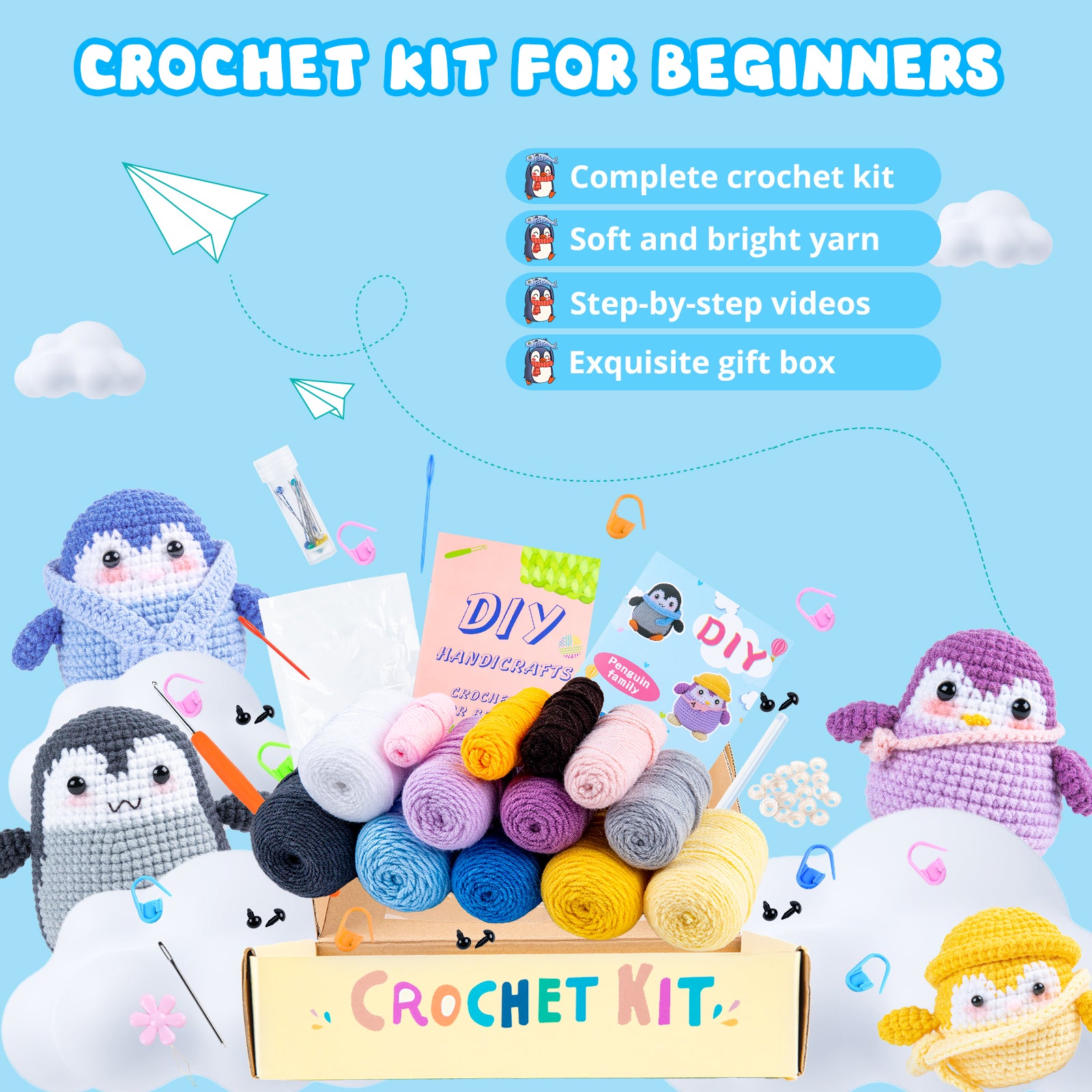 HTVRONT Crochet Kit for Beginners - Starter Crochet Kits with Video Tutorials, Beginner Crochet Kit for Adults Kids Gift - Learn to Crochet Stuffed Animals Knitting Kit Penguin Family(40%+ Yarn)