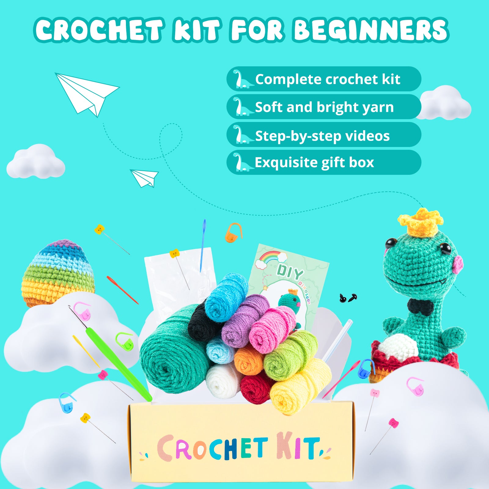 HTVRONT Crochet Kit for Beginners - Beginner Crochet Kit for Adults Kids Gift - Complete Crochet Kits with Step-by-Step Video Tutorials, Easy Learn to Crochet Stuffed Animals Knitting Kit(Dinosaur)