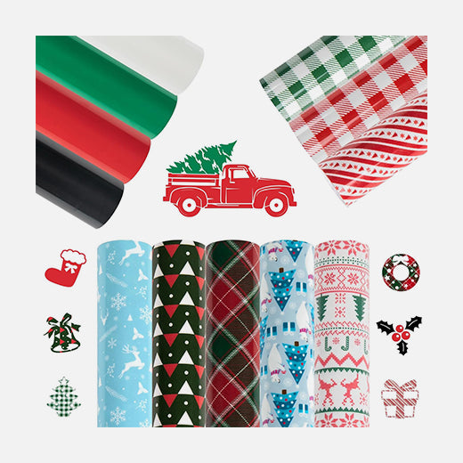 UK-Christmas Patterned Buffalo Plaid Heat Transfer Vinyl Bundle-13 Sheets
