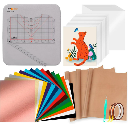 HTVRONT Heat Press Accessories, 55 Pack Heat Press Supplies for 15X15 Heat Press Machine, T Shirt Heat Press Starter Kit for Cricut Easy Press, Include Vinyl&Sublimation Bundle, Tools&Heat Press Mat