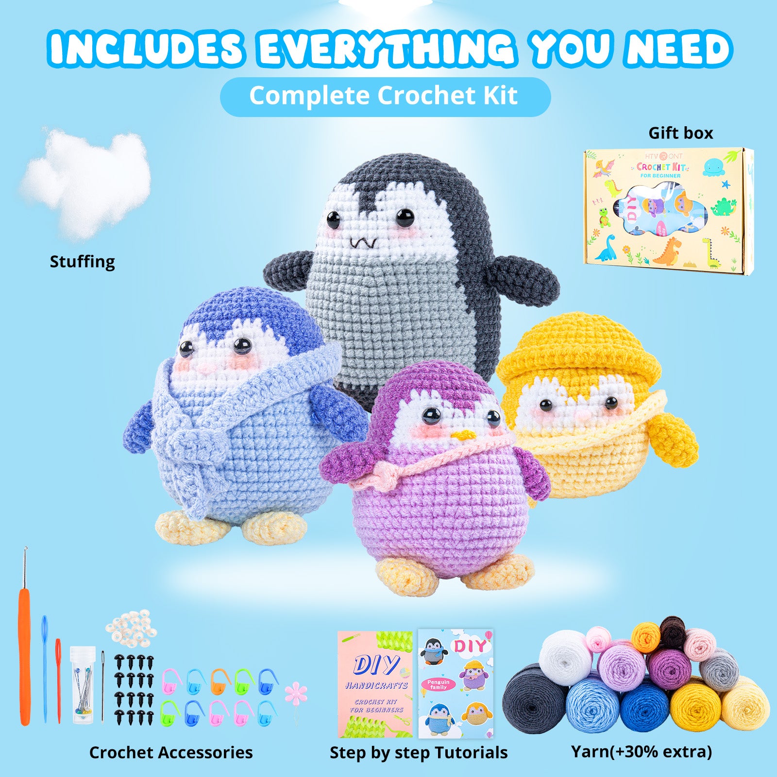 HTVRONT Crochet Kit for Beginners - Starter Crochet Kits with Video Tutorials, Beginner Crochet Kit for Adults Kids Gift - Learn to Crochet Stuffed Animals Knitting Kit Penguin Family(40%+ Yarn)