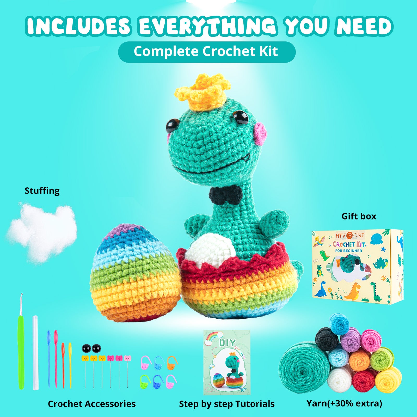 HTVRONT Crochet Kit for Beginners - Beginner Crochet Kit for Adults Kids Gift - Complete Crochet Kits with Step-by-Step Video Tutorials, Easy Learn to Crochet Stuffed Animals Knitting Kit(Dinosaur)