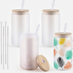 UK-Sublimation Clear/Frosted Glass Blanks with Bamboo Lid - 16oz 4 Pack