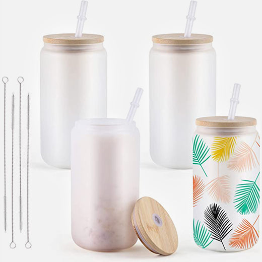 UK-Sublimation Clear/Frosted Glass Blanks with Bamboo Lid - 16oz 4 Pack