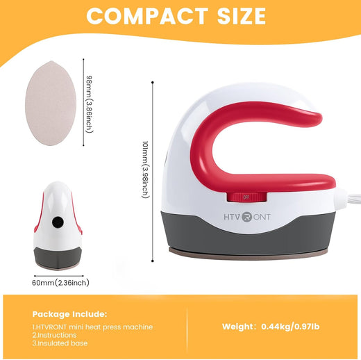 HTVRONT Mini Heat Press Machine – Portable Iron for T-Shirts, Hats & DIY Heat Transfer Projects (Raspberry Red）