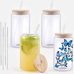 Sublimation Clear/Frosted Glass Blanks with Bamboo Lid - 16oz 4 Pack