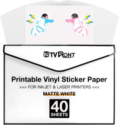 HTVRONT Printable Vinyl for Inkjet Printer & Laser Printer, 40 Pcs Matte Sticker Paper for Printers, Waterproof & Dry Quickly Printable Vinyl Sticker Paper for HP, Epson and Other Printers - 8.5"x11"