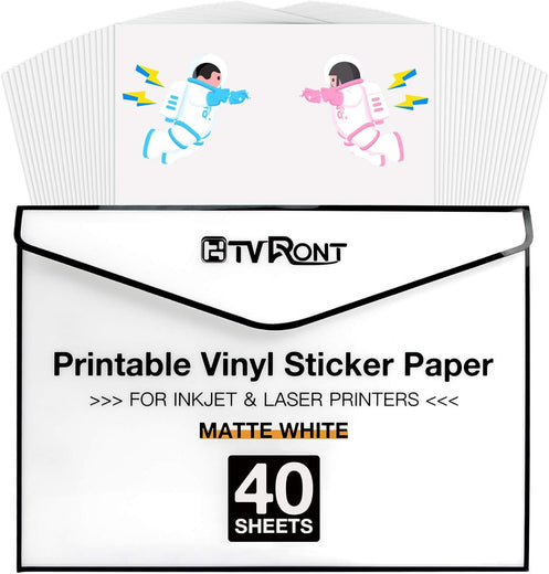 HTVRONT Printable Vinyl for Inkjet Printer & Laser Printer, 40 Pcs Matte Sticker Paper for Printers, Waterproof & Dry Quickly Printable Vinyl Sticker Paper for HP, Epson and Other Printers - 8.5"x11"