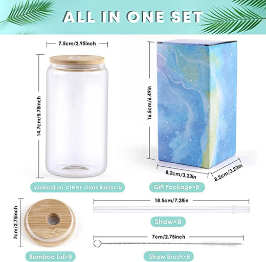 UK-Sublimation Clear/Frosted Glass Blanks with Bamboo Lid - 16oz 4 Pack