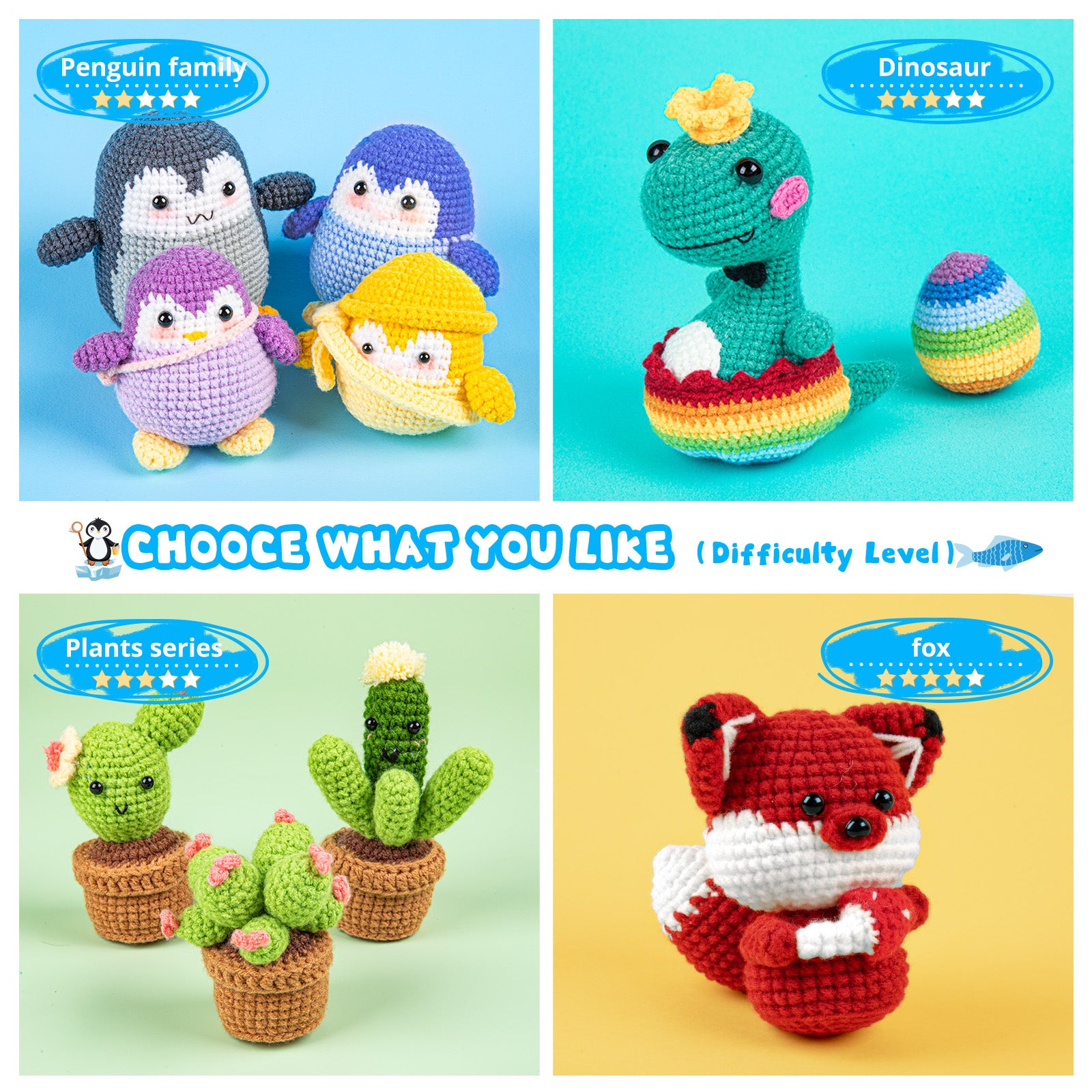 HTVRONT Crochet Kit for Beginners - Starter Crochet Kits with Video Tutorials, Beginner Crochet Kit for Adults Kids Gift - Learn to Crochet Stuffed Animals Knitting Kit Penguin Family(40%+ Yarn)