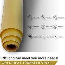 HTVRONT Gold HTV Heat Transfer Vinyl Roll- 12" x 12ft Gold HTV Vinyl for Shirts - Easy to Cut & Weed Iron on Vinyl for Clothes(Gold)
