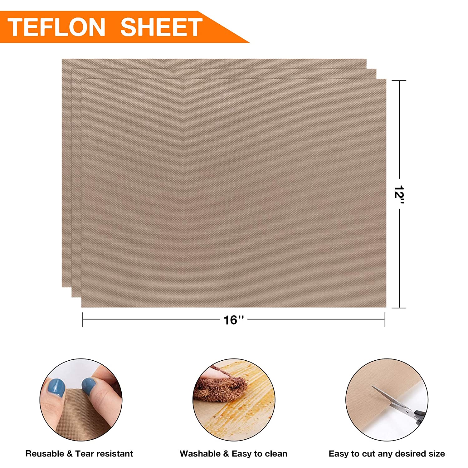 PTFE Teflon Sheet for Heat Press Heat Tape Bundle- 16" x 12" (3Pc/10Pc/3Pc+3Rolls)