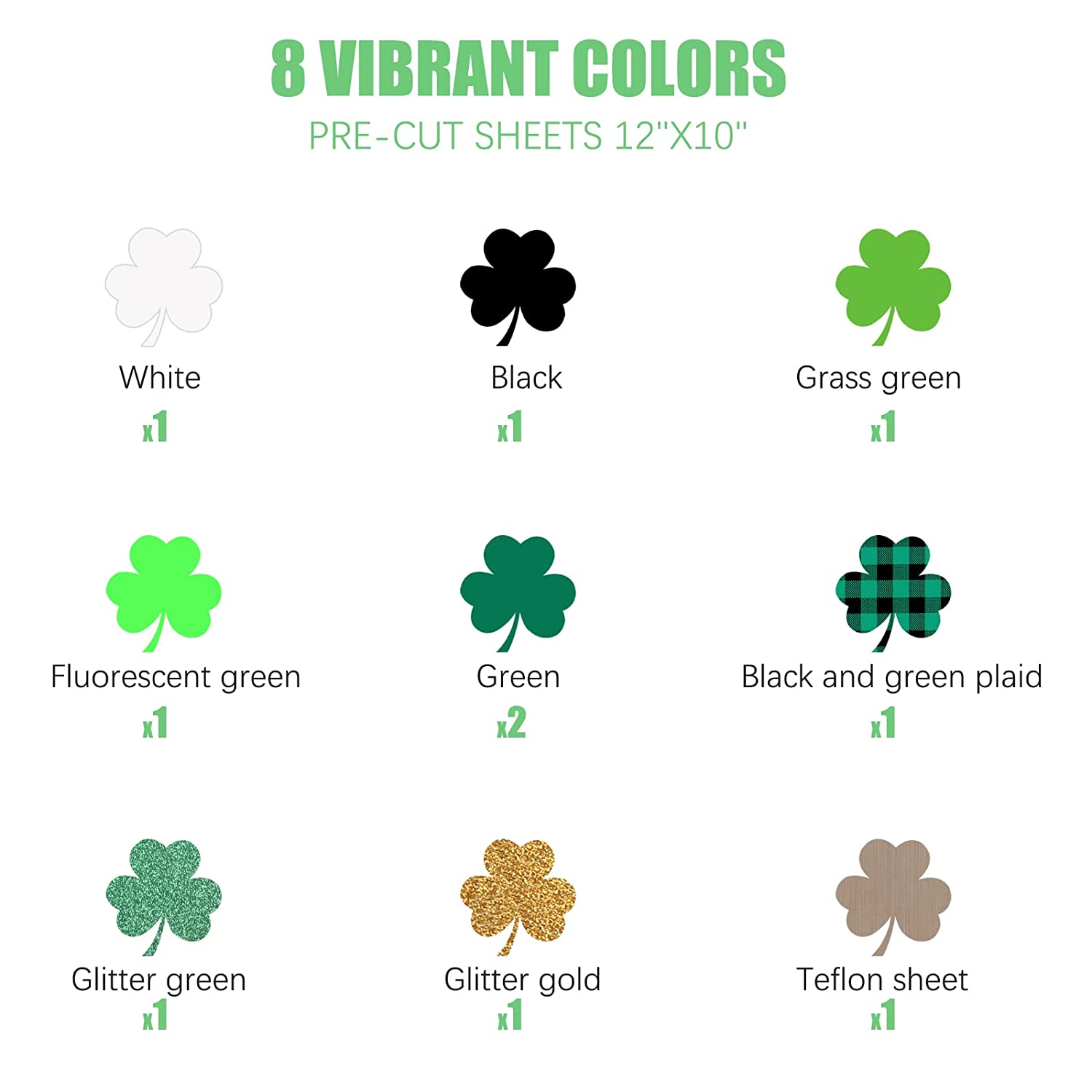 St. Patrick's Day HTV vinyl Bundle - 12" x 10" 10 Pack (8 Assorted Colors)