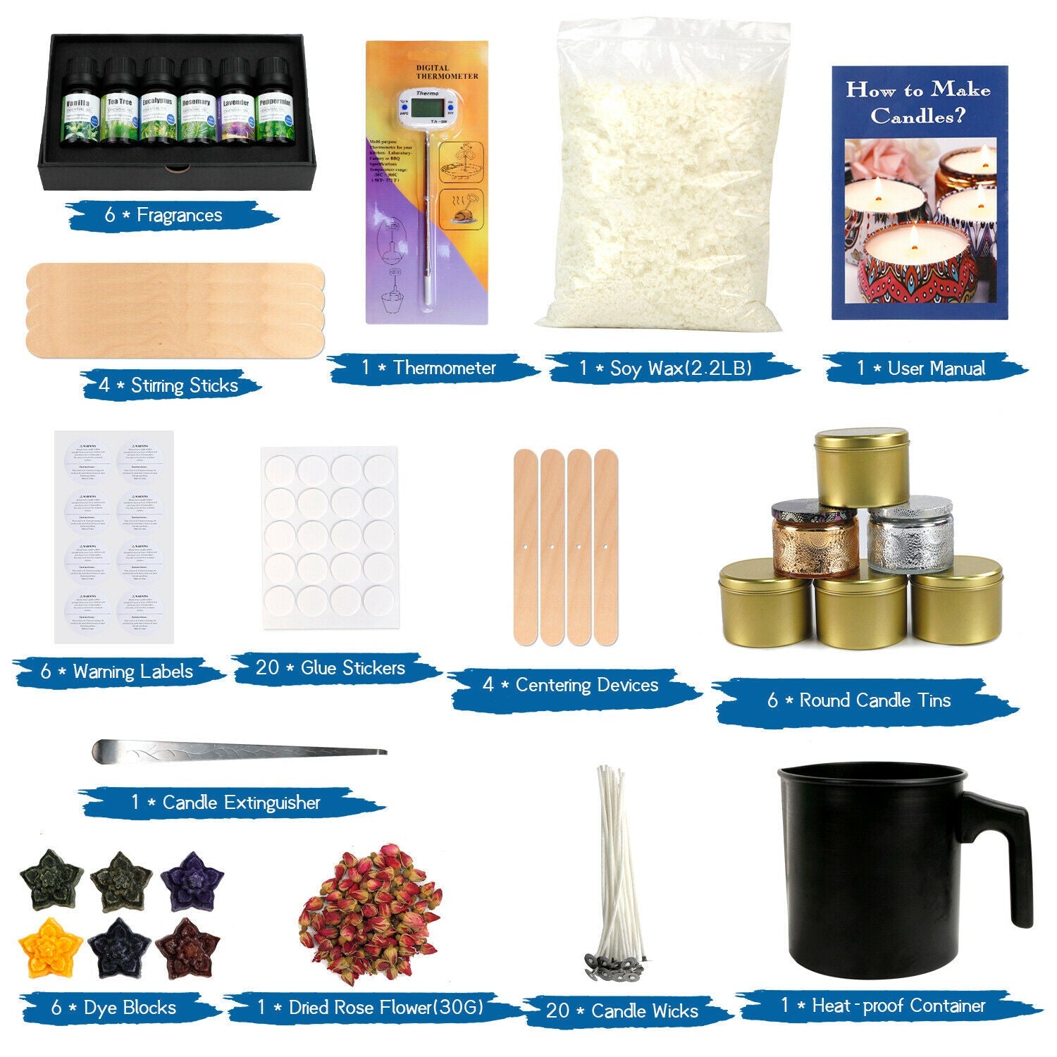 Luxury Candle Making Kit 2.2lb Soy Wax, Thermometer, Tins, Wicks Gift